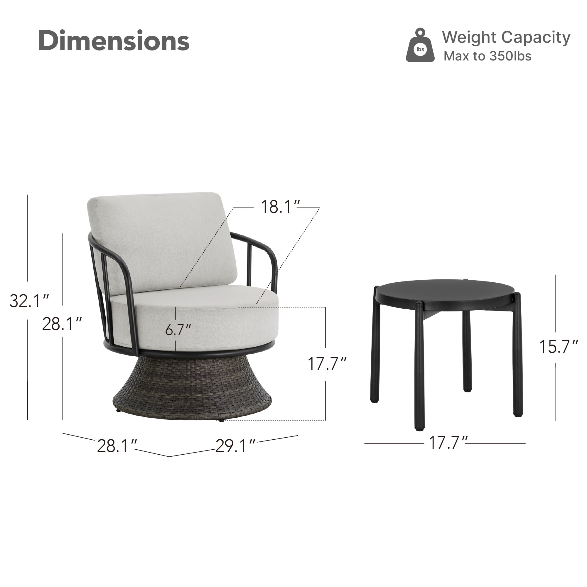 Spruce & Spring 3-Piece Patio Furniture Set, Outdoor Swivel Wicker Chairs with Side Table, Light Gray Olefin Cushions & Dark Gray Wicker, for Porch, Deck & Backyard