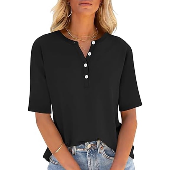 Women's Casual Loose Fit Short Sleeve Button-Down Top, Lightweight Polyester Blouse for Everyday Wear