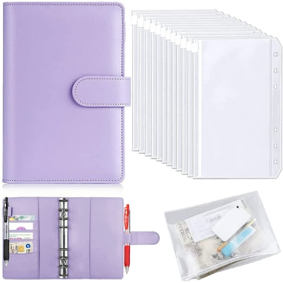 A6 Notebook Binder and Binder Pockets Set, findTop PU Leather Notebook Binder Cover Refillable 6 Round Ring Binder