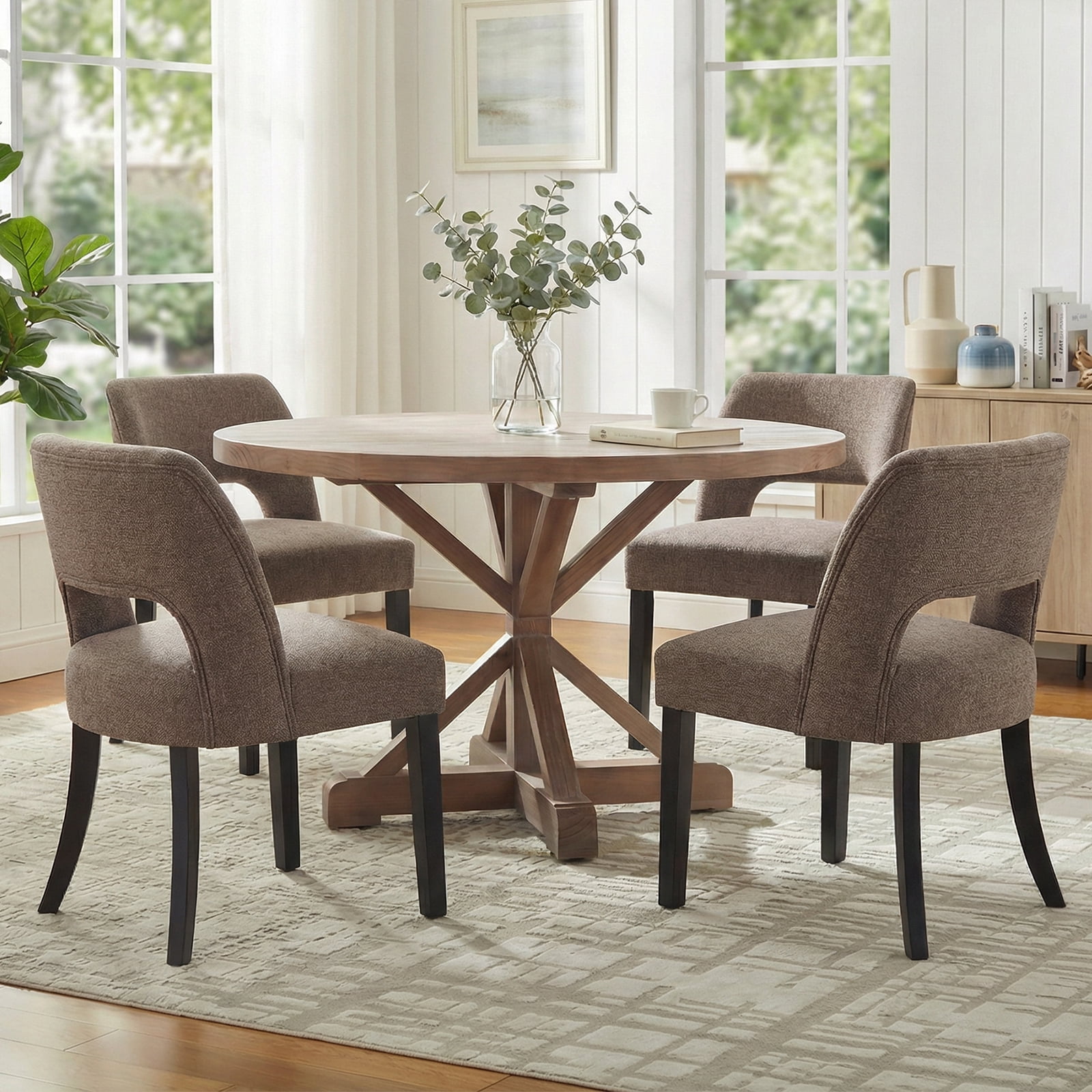 Vknow Furniture Durable Polyester Dining Chairs Set of 4 with Cutout Back and Wood Legs for Dining Room Kitchen,Brown