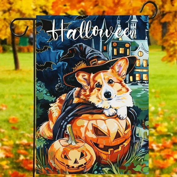1pc, Halloween Corgi Puppy Dog Witch Hat Pumpkin Ghosts Bats Castle Polyester Double Sided Garden Flag, Fall Winter Flags, Holiday Seasonal Home Wall Yard Lawn Patio Farmhouse Outdoor Decor Event Par