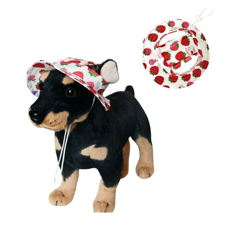 Harikaji Small Dog Round Hat Pet Caps with Ear Hole Brim Bucket Cat Hat Outdoor Sun Protection Neck Strap Adjustable for Small Medium Puppy Doggy Cats Strawberry L