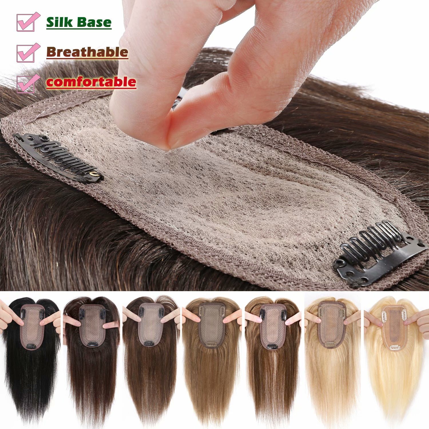 Benehair 100% Real Remy Human Hair Extensions Clip In Hairpiece with Bang Topper Toupee Women Hair Loss Silk Base Seamless 150% Density Brown