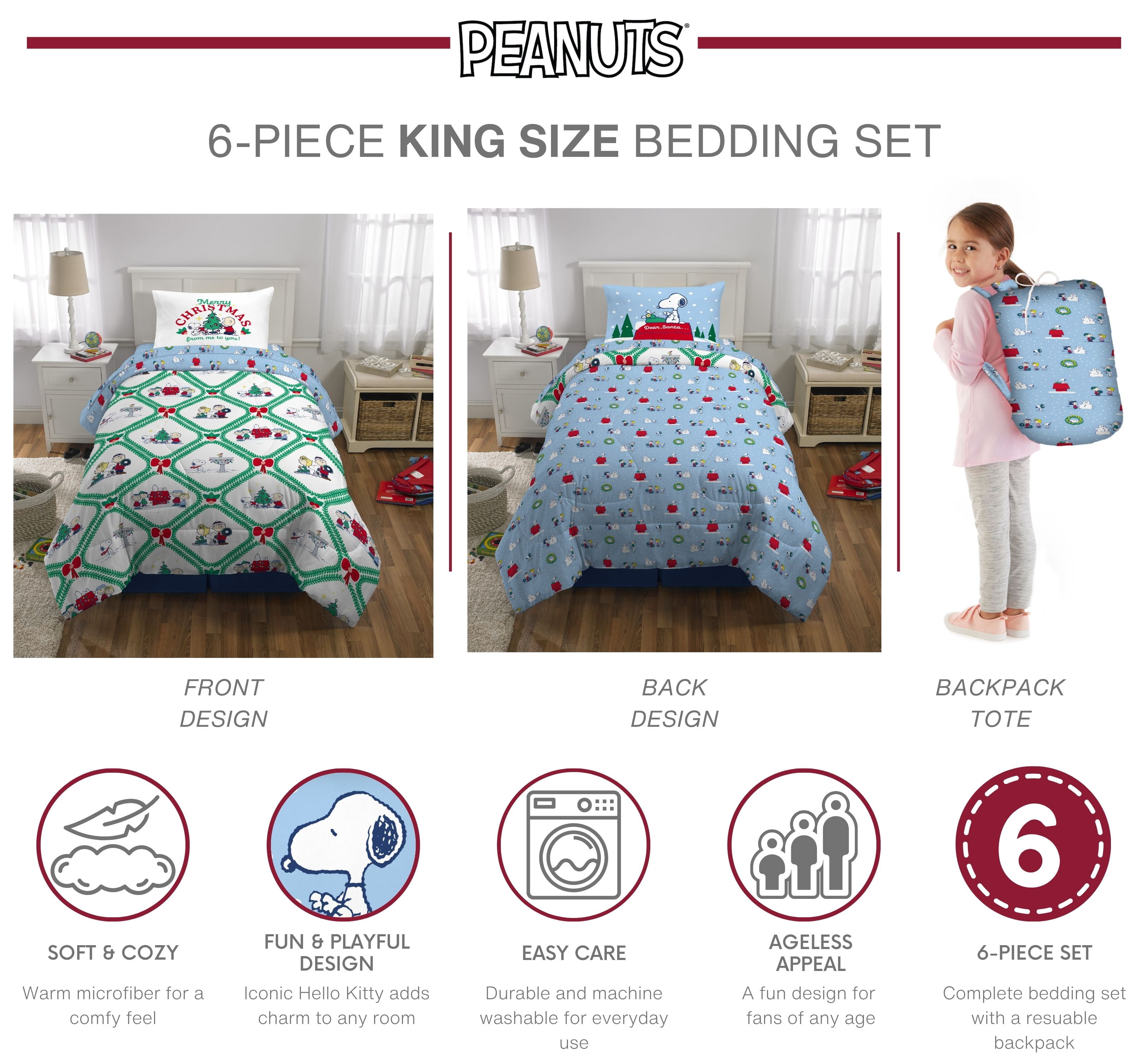 Peanuts Snoopy Holiday Kids 6 Piece Reversible Comforter, Pillowcase, Sheet Set, and Backpack, King