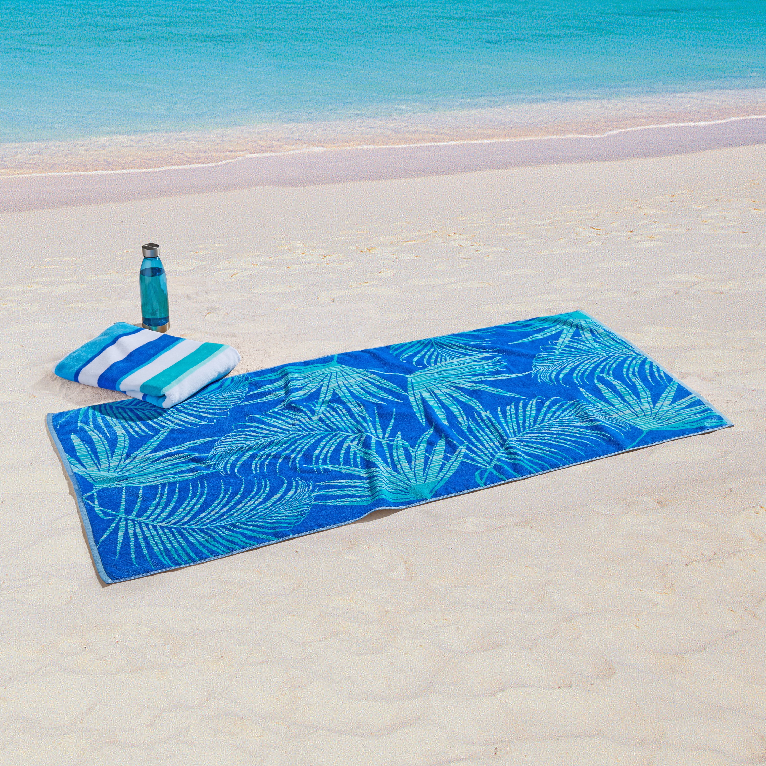Mainstays Cotton Blend 2 Pack Blue Fronds and Stripes Beach Towels, 28" X 58"