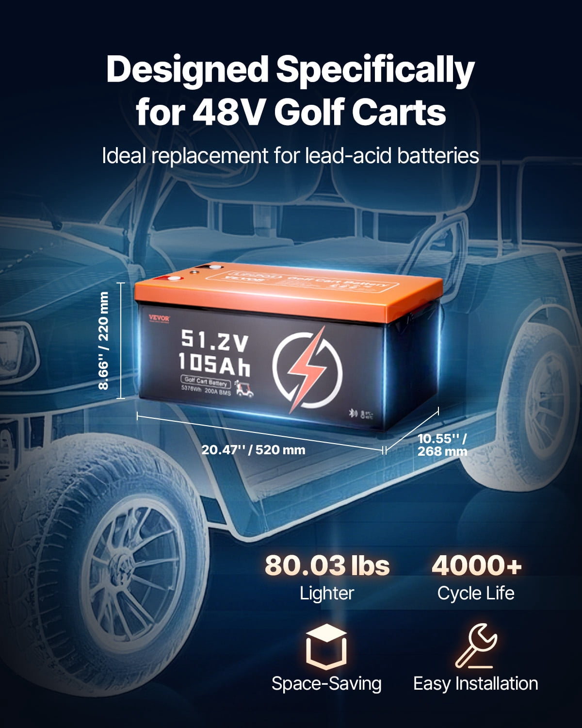 VEVOR 48V 105Ah Golf Cart Lithium Battery, 48 Volt Golf Cart Battery with 200A BMS, LCD Monitor and Mobile APP, LiFePO4 Battery with 600A Peak Current, ABS Shell and 4000+ Cycles, for Golf Carts