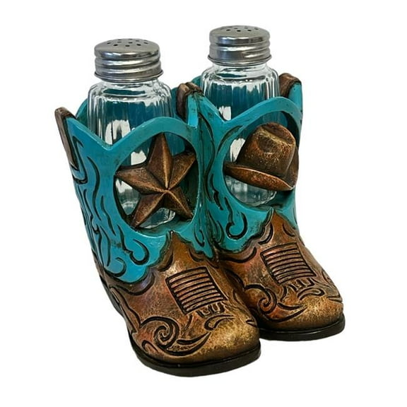 De Leon Collections 14780 Polyresin Western Star with Cowboy Hat Turquoise & Brown Boots Salt and Pepper Shaker Holder Set