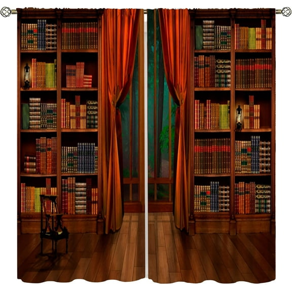 Bookshelf Curtains, Vintage Library with Books Window Treatments for Kids Bedroom, Wooden Wooden Antique Bookcase Drapes 2 Panel Sets,55x63 Inch
