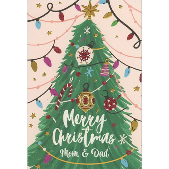 Pictura Strings of Lights with Glitter Bulbs Around Tree Christmas Card for Mom and Dad