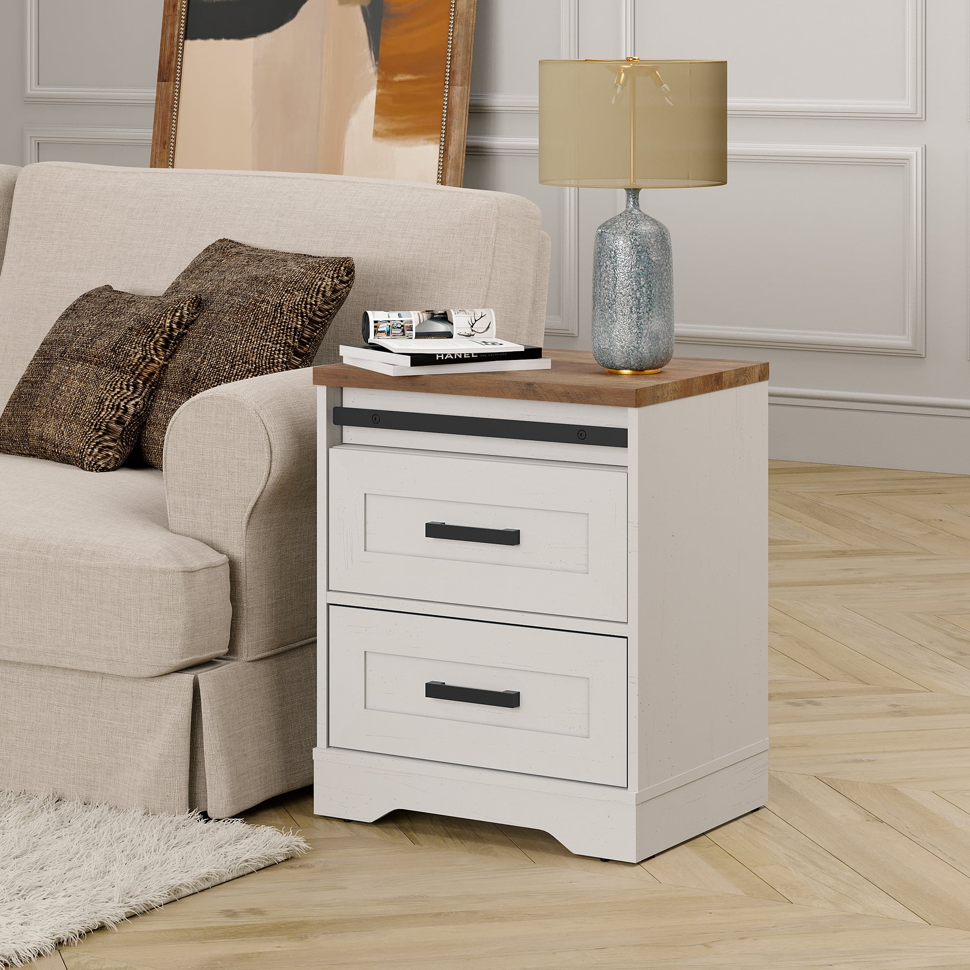 Set of 2 End Table with Charging Station Side Sofa Table with Drawers , Modern Nightstand with Power Outlets & USB Ports for Living Room, Bedroom Antique White