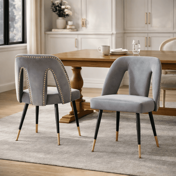 Peispie Upholstered Dining Chairs Set of 2, Square Seat Dining Chairs with Mid Back, Velvet Kitchen Chairs with Metal Legs, Grey