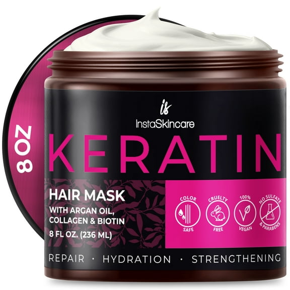 InstaSkincare Keratin Hair Mask with Argan Oil, Collagen & Biotin 8 Oz Deep Conditioning Treatment