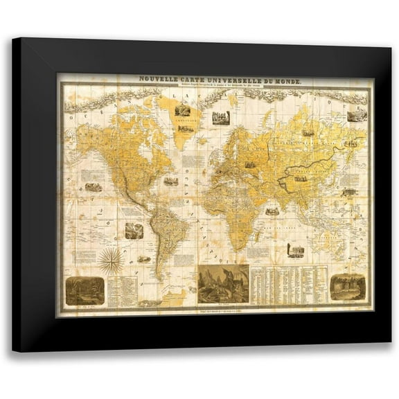 Joannoo 14x12 Black Modern Framed Museum Art Print Titled - Gilded 1859 Map of the World