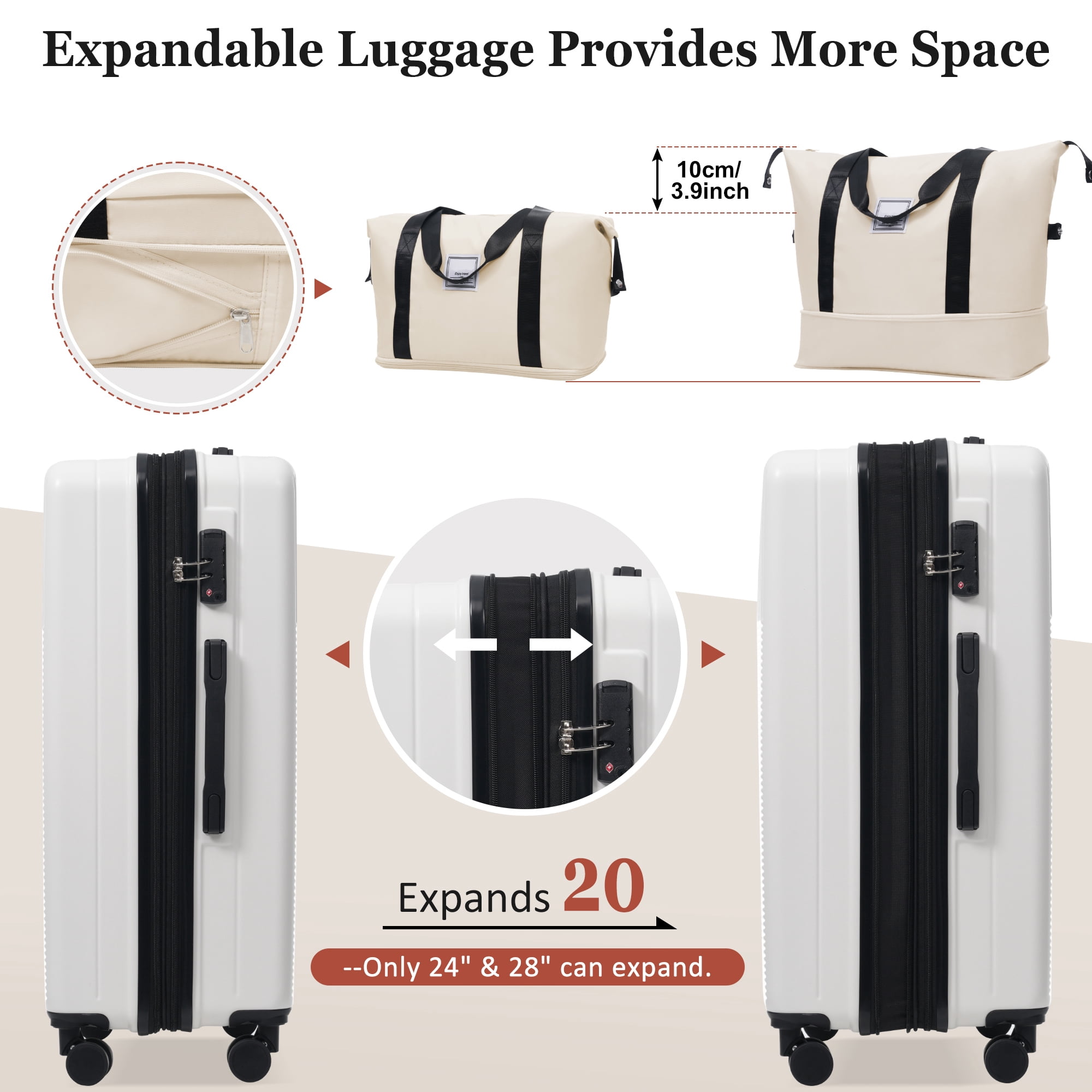 Euroco 5 Piece Luggage Sets, 20" Carry-On Luggage with Half-Opening & USB Port, 20/24/28inch Lightweight Travel Suitcase Set with TSA Lock, Double Spinner Wheels & 2 Travel Duffel Bags,White