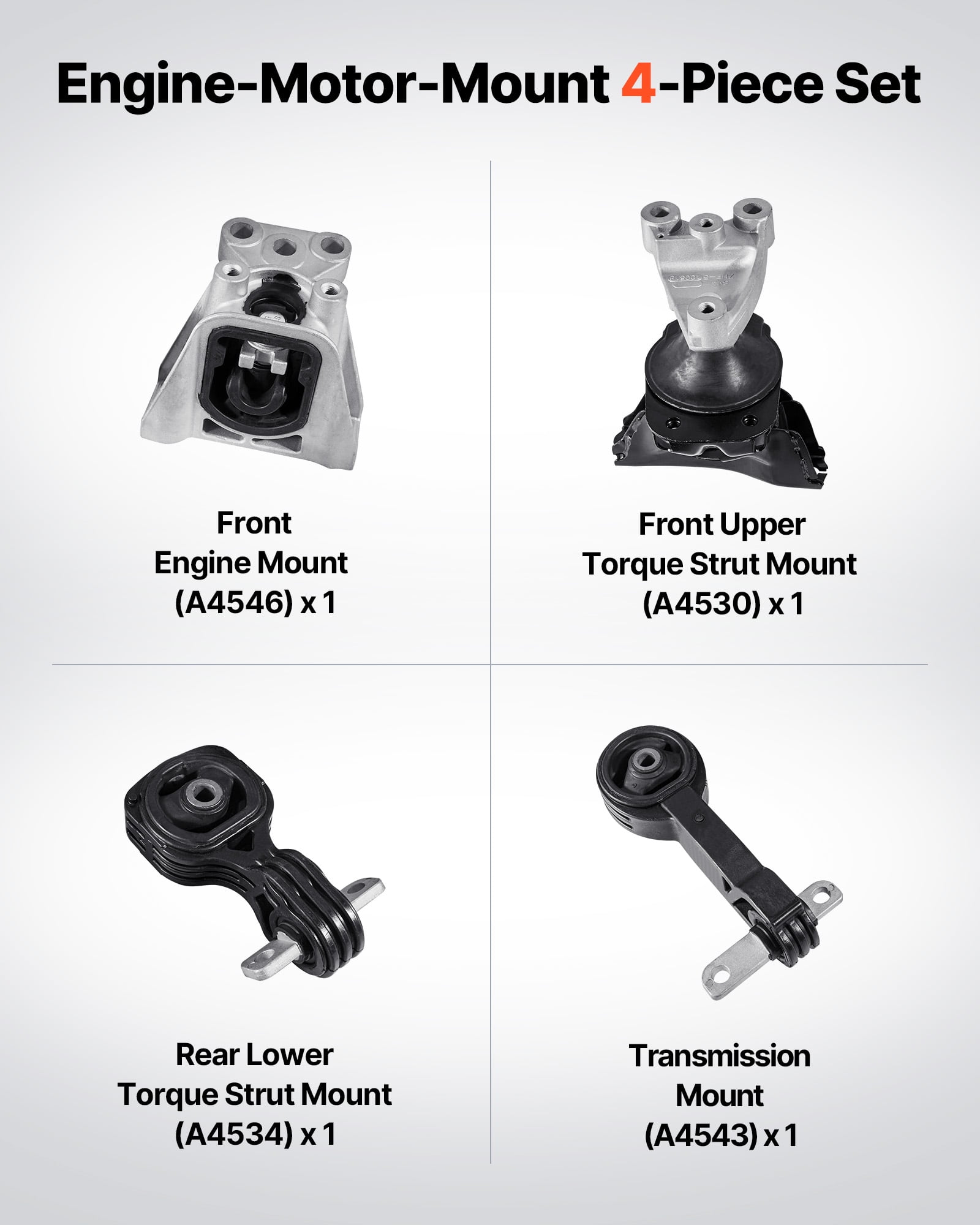 VEVOR Engine Motor Mount and Transmission Mount Kit Replacement, Set of 4, Compatible with 2006–2010 Honda Civic 1.8L L4 Automatic, Replace OE# A4530, A4546, A4543, A4534, Secure Support