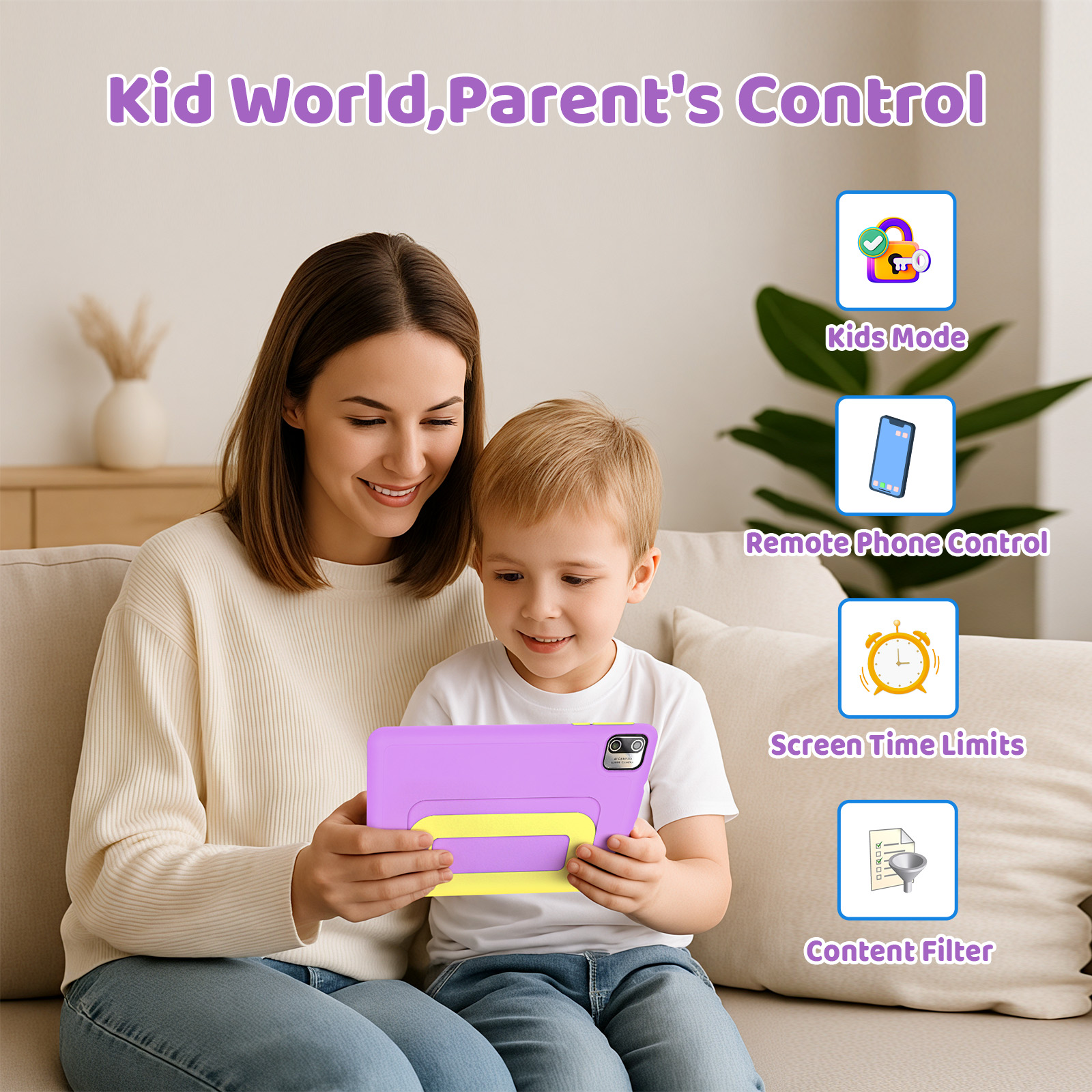 AEEZO 7 Inch Kids Tablet Bundle, 8GB RAM 64GB, Learning Tablet for Kids Ages 3-10 with Headphones Stylus Bag, Purple