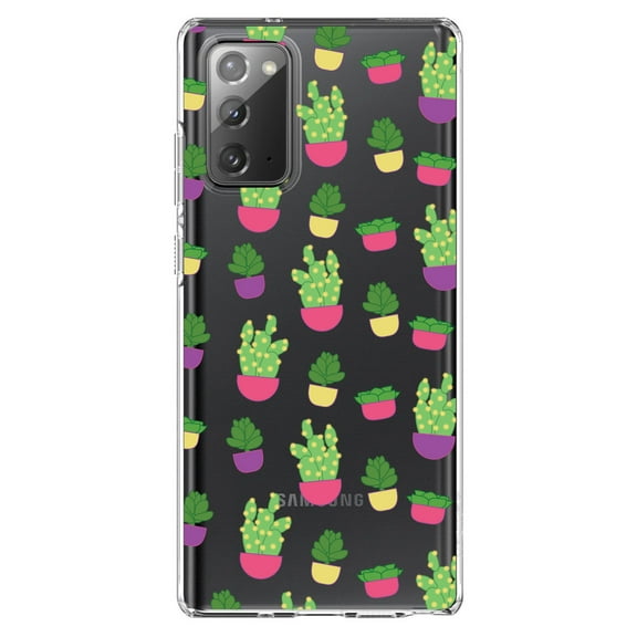 DistinctInk Clear Shockproof Hybrid Case for Samsung Galaxy Note 20 (6.7" Screen) - TPU Bumper, Acrylic Back, Tempered Glass Screen Protector - Succulents / Cacti