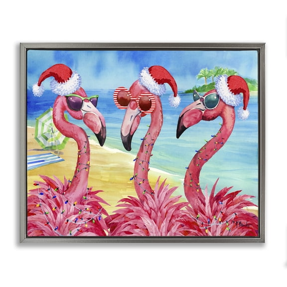 Stupell Industries Coastal Holiday Lights Flamingos Beach Gray Floating Frame Canvas Art, 21 x 17, by Paul Brent