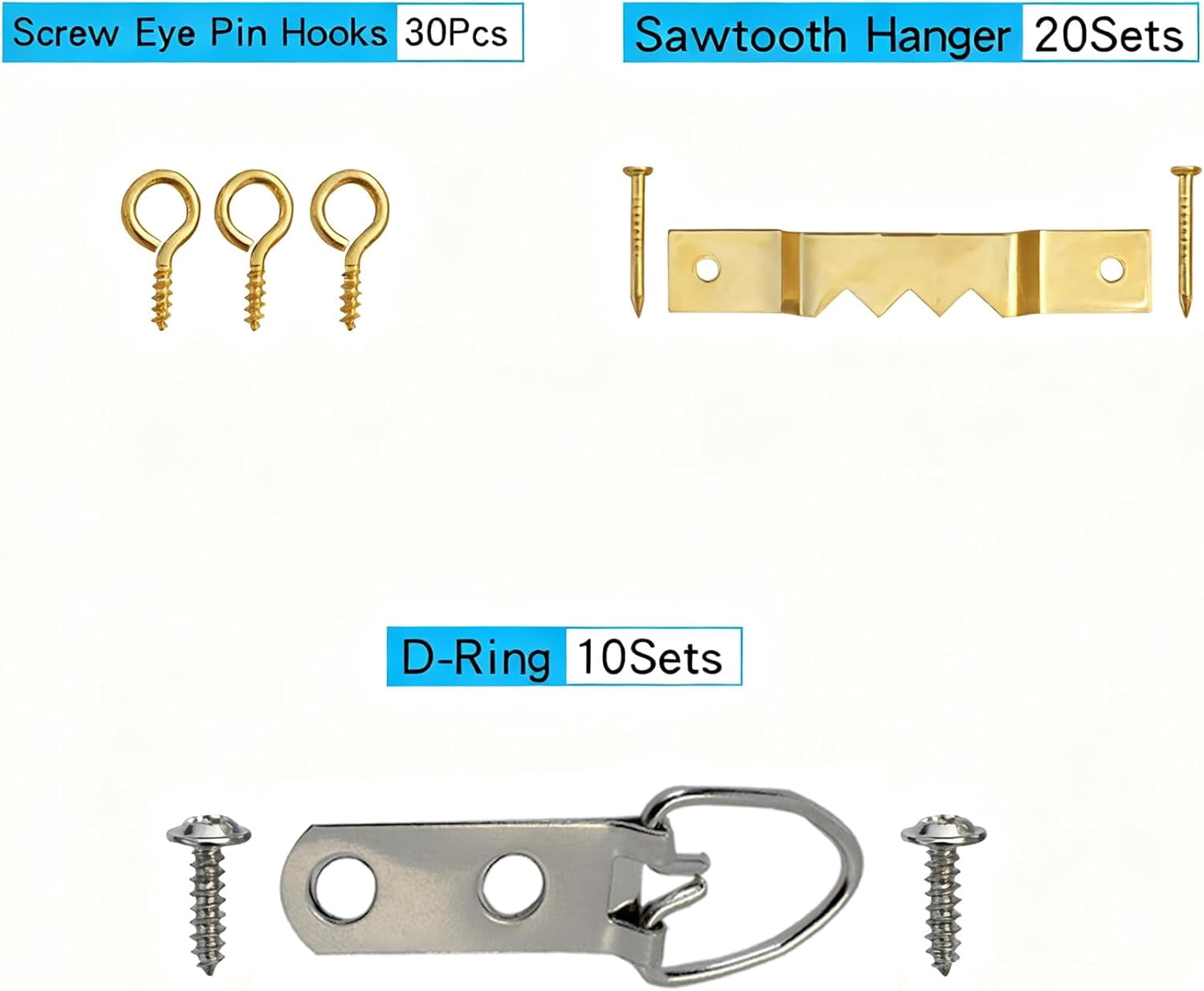 Heavy Duty Picture Hanging Kit, Assorted Hooks, Nails, D-Rings for Wall Mounting on Drywall & Wood, Complete Hardware Set for Framed Art, Photos & Mirrors