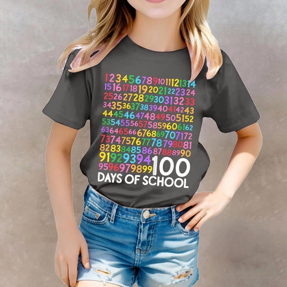 Kids Clothes for Girls Grey Printed Short Sleeve Shirts for Girls Summer Toddler Girl Clothes Round Neck Shirts for Girls 6-7 Years