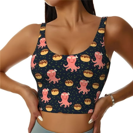 Picia cartoon octopus Pattern Sports Bra for Women Padded Strappy Sports Bras Medium Support Yoga Bra with Removable Cups Running Yoga Bra-Large