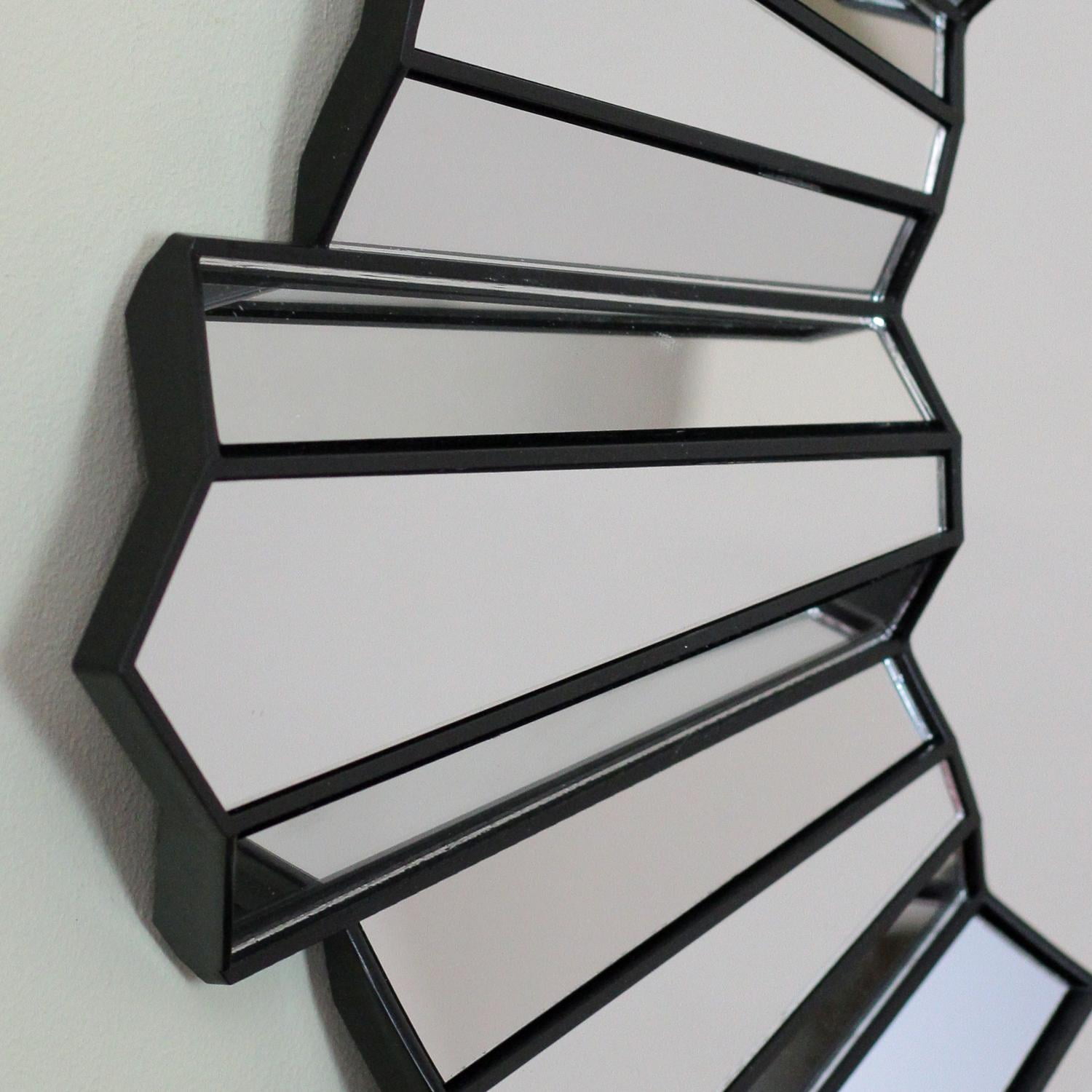 25" Sparkling Sunburst Wave Matte Black Decorative Round Wall Mirror