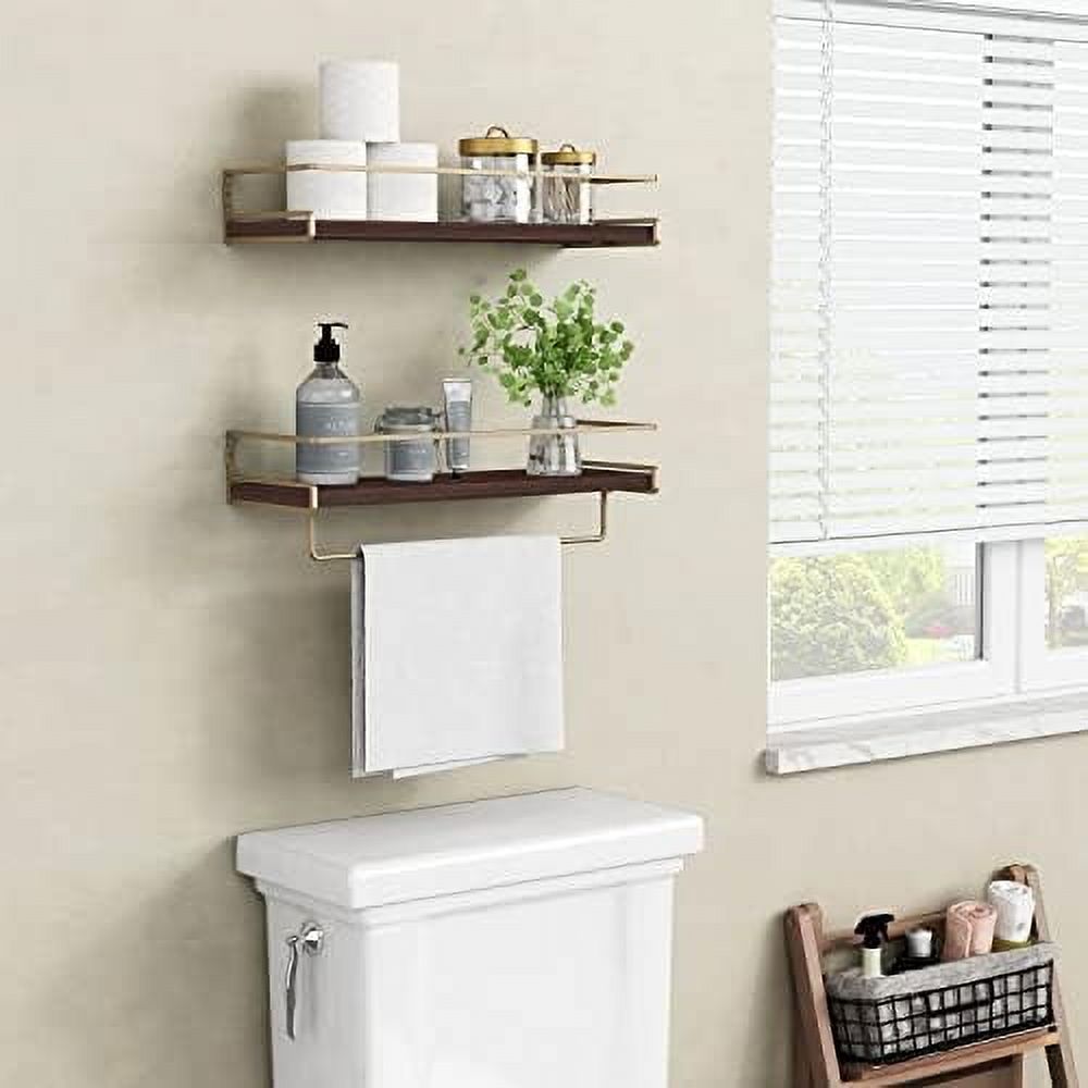 Floating Shelves Bathroom Shelves Over Toilet Set of 2, Bathroom Wall Shelves with Towel Bar, Wall Mounted Vanity Shelf for Bedroom, Kids Room, Kitchen (Brown & Gold)