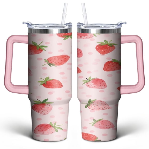 Strawberry Fruit 30 Oz Tumbler with Handle Lid and Straw, Stainless Steel Double Walled Vacuum Insulated Cup, Cute Anniversary Wedding Birthday Gifts Tumbler for Women Men Friends Outdoor Indoor
