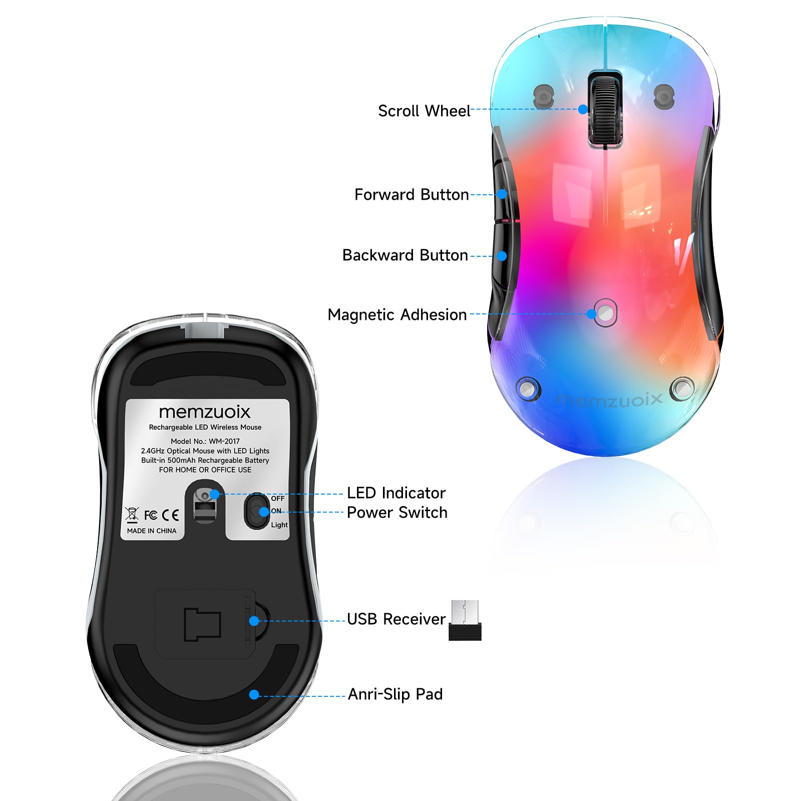 Memzuoix LED Rechargeable Wireless Mouse, 1600 DPI, 9 Colors photo 6