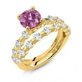 thumbnail image 2 of Gem Stone King 18K Yellow Gold Plated Silver Pink Moissanite and White Topaz Wedding Engagement Ring Band Bridal Set for Women (2.56 Cttw, Gemstone, Round 7MM, Size 8), 2 of 4