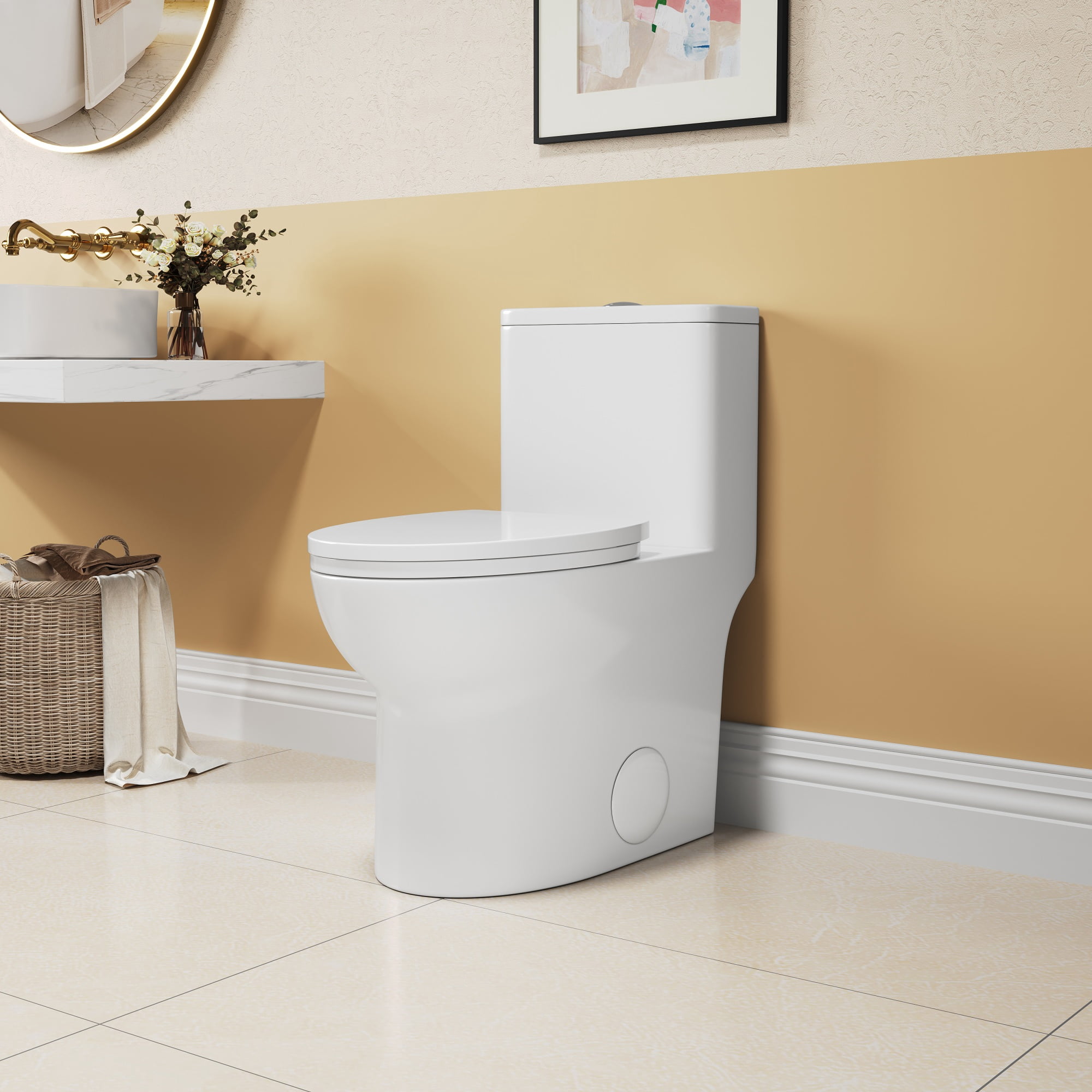 Alvantor 16.5"Height One-Piece Toilet Ceramic Dual-Flush Elongated Floor Mounted 1.1/1.6 GPF Toilet White