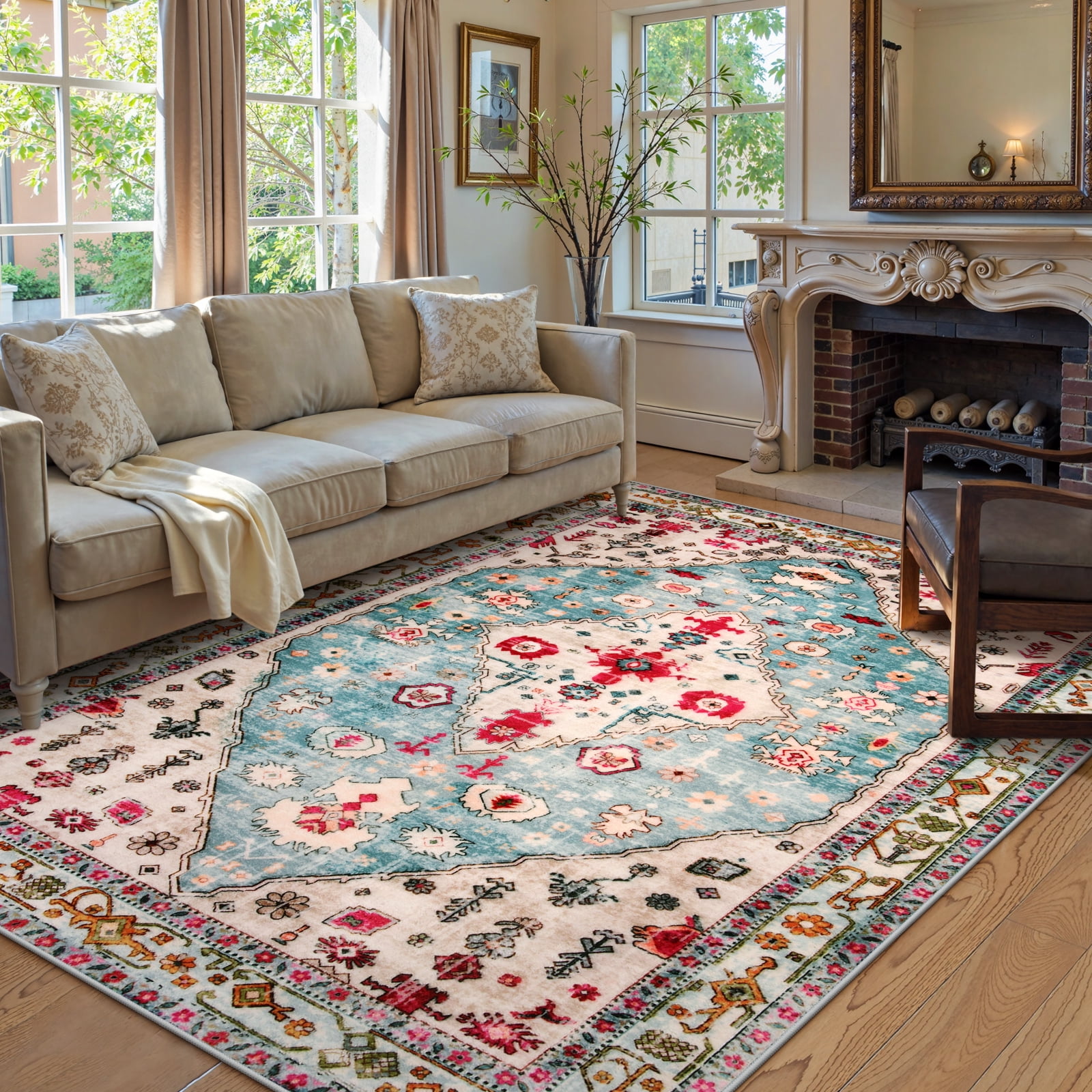 Wonnitar Vintage Oriental 5'x7' Area Rug for Living Room, Washable Rug for Bedroom Boho Floral Medallion Accent Rug for Dinning Room Office Non Ship Low Pile Stain Resistant, Aqua Blue