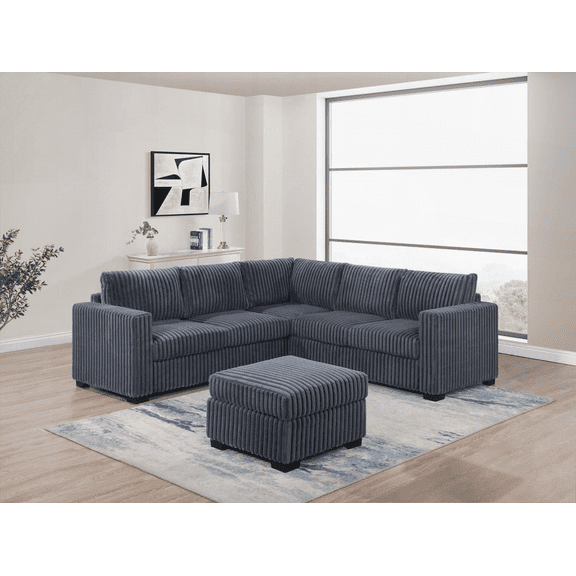 Beautiful 4-Piece Sectional Set with Ottoman - Dark Gray Corduroy Upholstery for Living Room