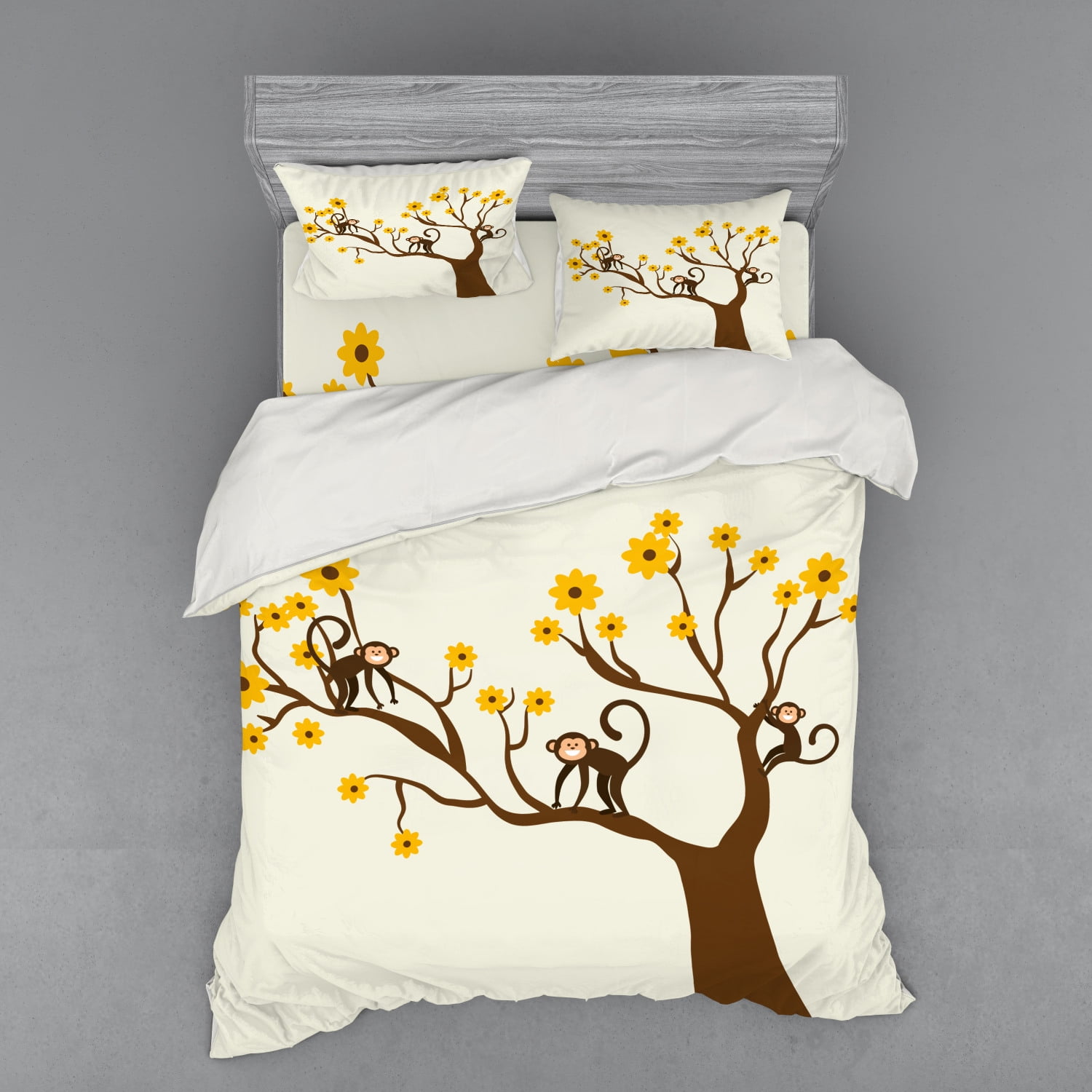Funny Duvet Cover Set, Monkey Animations Fun Chimpanzees Climbing on Daisy Trees Animal Life