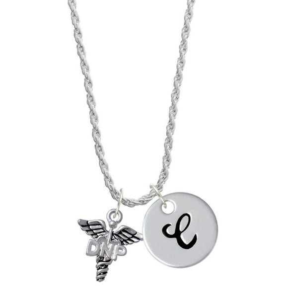 Delight Jewelry Silvertone Caduceus - DNP Silvertone Script Initial Disc - C - Charm Necklace, 20"+3"