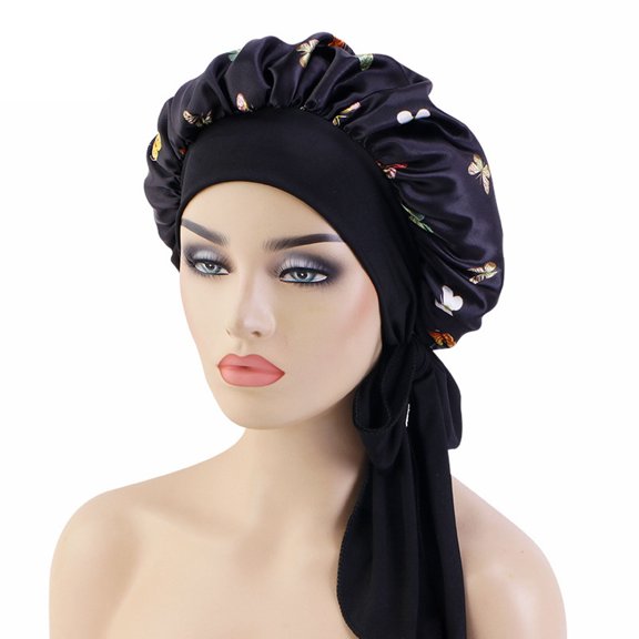 WZXFASHION Turban Head Wraps for Women with Ethnic Pre Tied and Butterfly Print Trailing Tail on Side Chemo Turban Head Scarf for Sleep Indoor Relax