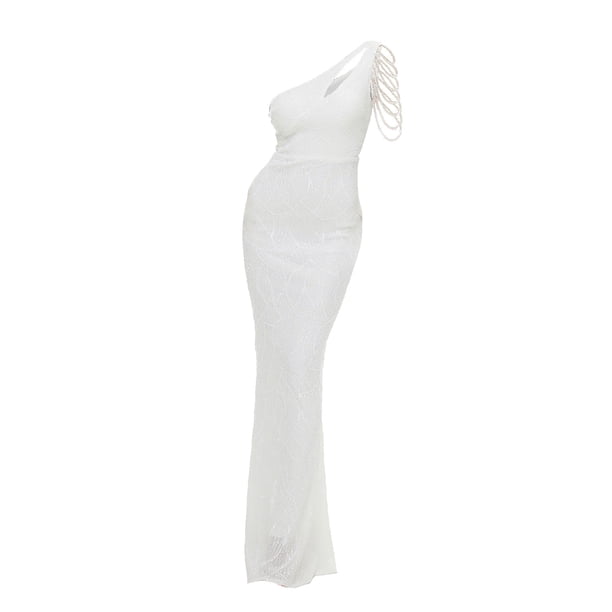 Gibobby Vestidos de fiesta elegantes Vestido de noche largo con lentejuelas de un hombro para mujer(Blanco,CH)