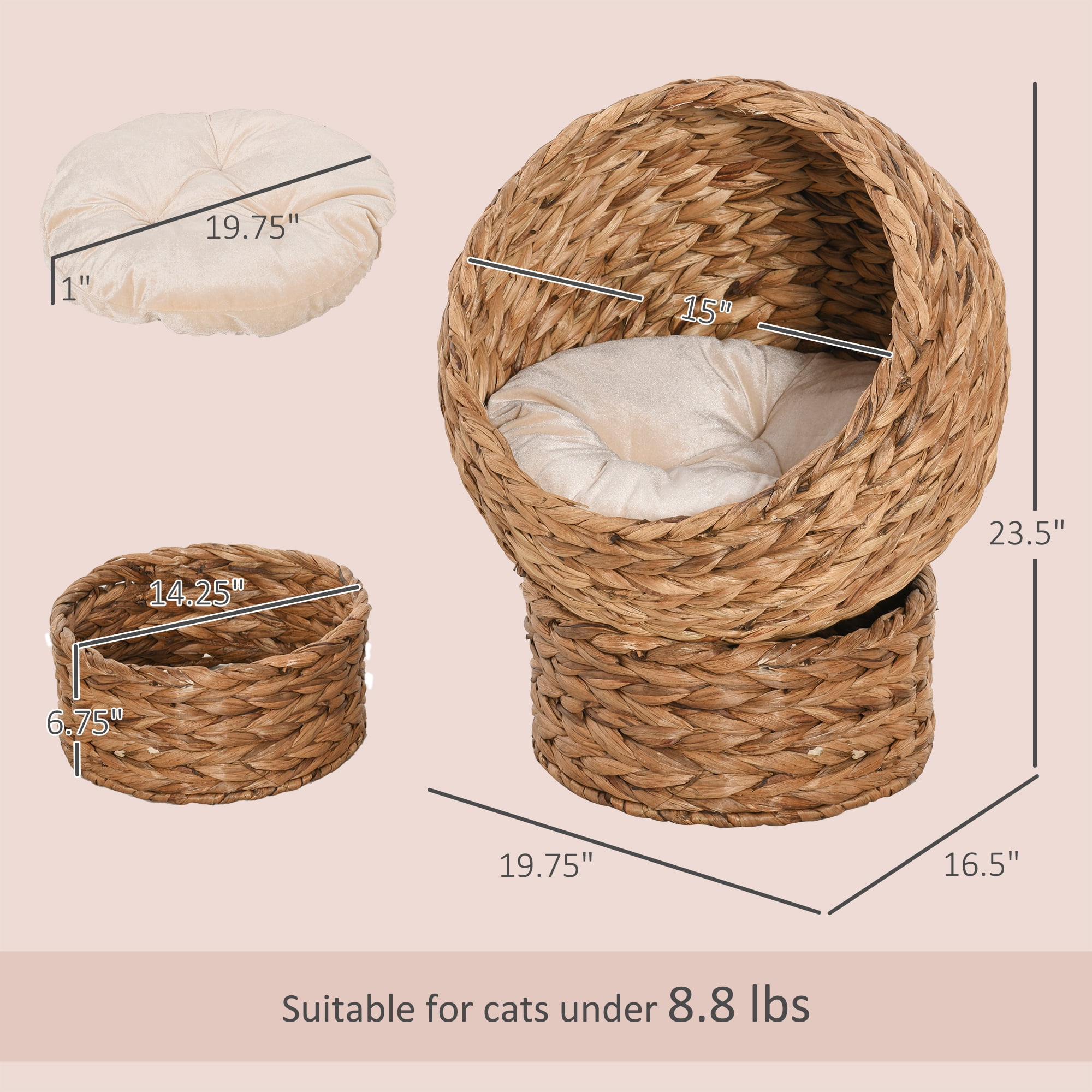 Handwoven Elevated Cat Bed with Soft Cushion & Cat Egg Chair Shape, Cat Basket Bed Kitty House with Stand, Raised Wicker Cat Bed for Indoor Cats, 23.5" H, Brown