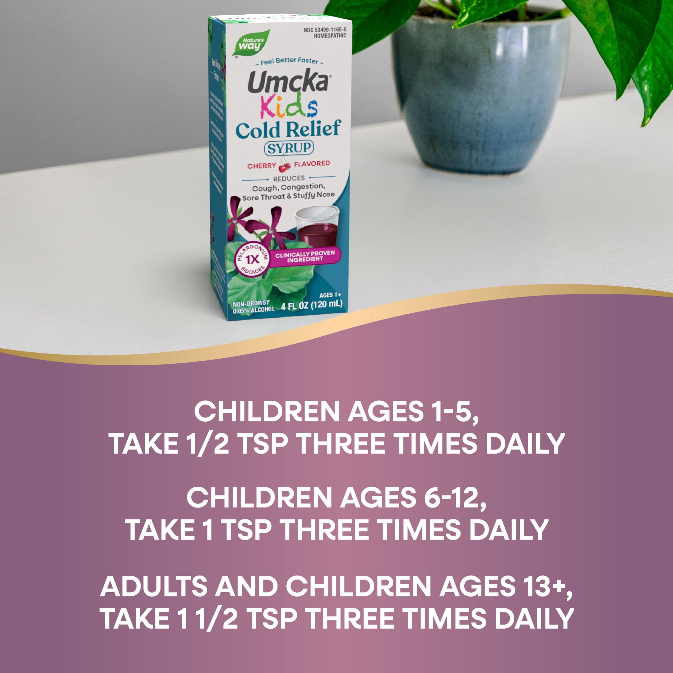 Nature's Way Kids Umcka Cold Relief Syrup, Ages 1+, Multi-Symptom Cold Relief, Cherry Flavored, 4 Oz