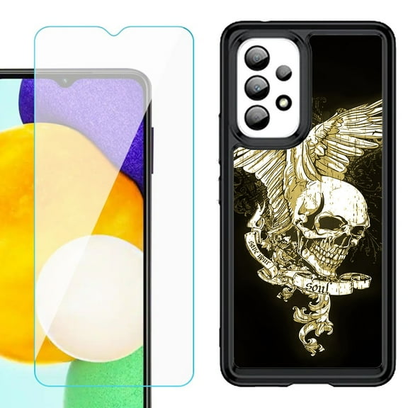 Shockproof Bumper (Black Frame) phone Case for Samsung Galaxy A23 5G, with Tempered Glass Screen Protector, by OneToughShield ® - Wing Skull