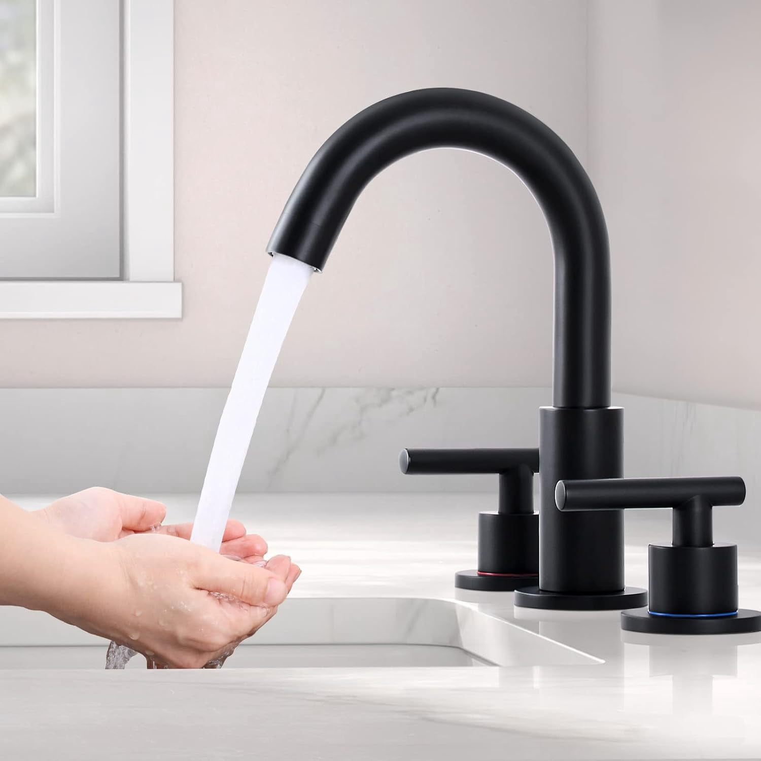 Zovajonia Matte Black Bathroom Faucet 3 Pieces with Metal Drain Assembly