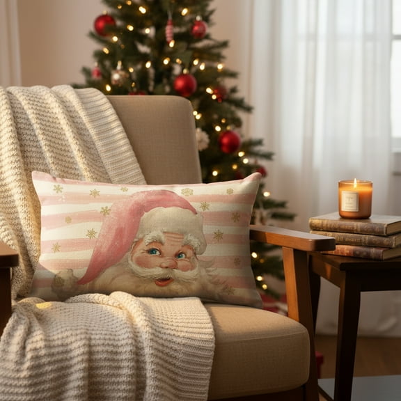 Sm:)e Pink Santa Claus Stripes Christmas Throw Pillow Cover 12 x 20 Inch, Holiday Cushion Case Decoration for Sofa Couch