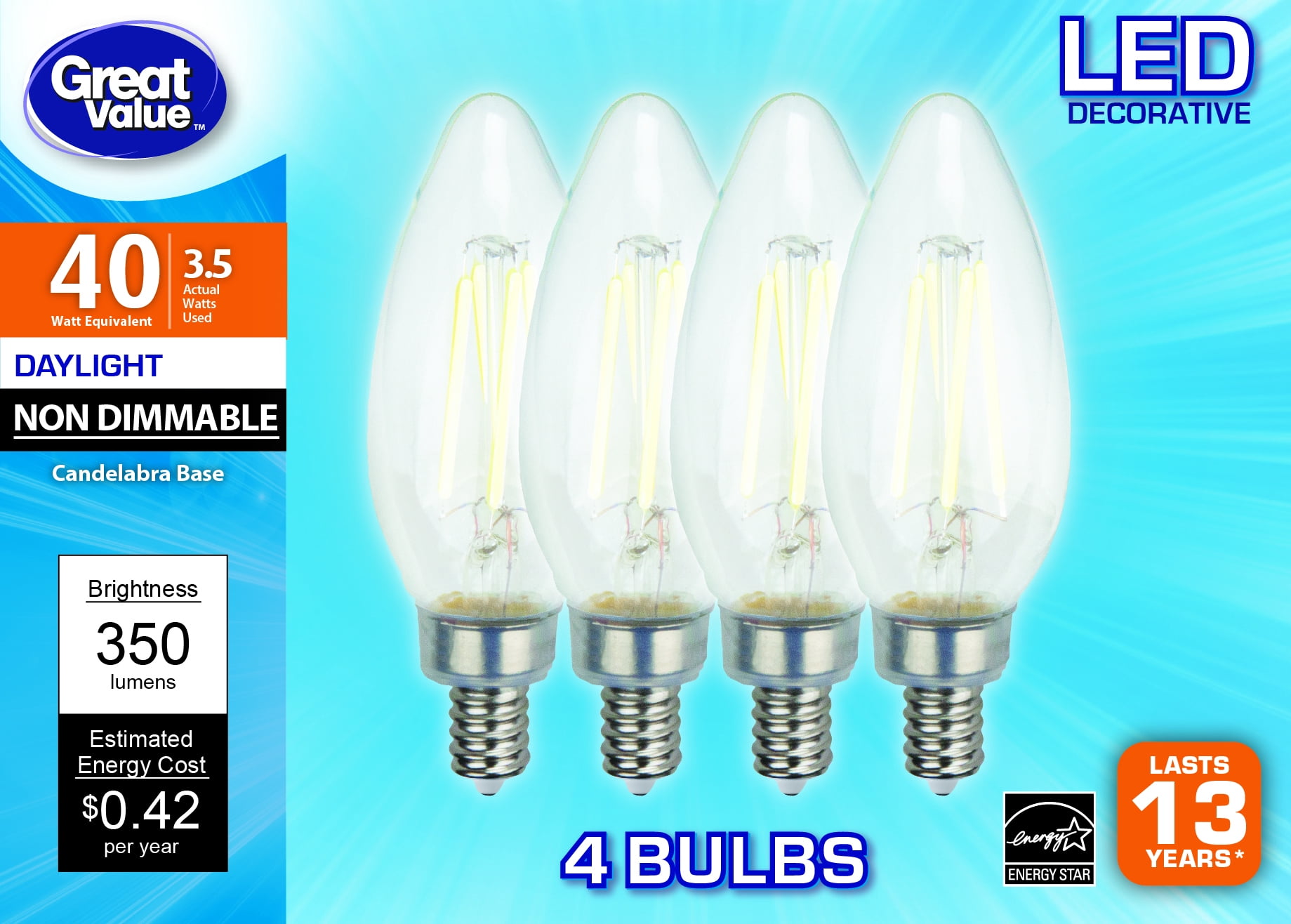 Great Value LED Decorative 3.5 Watts Daylight Candelabra Base Bulbs, 4 count