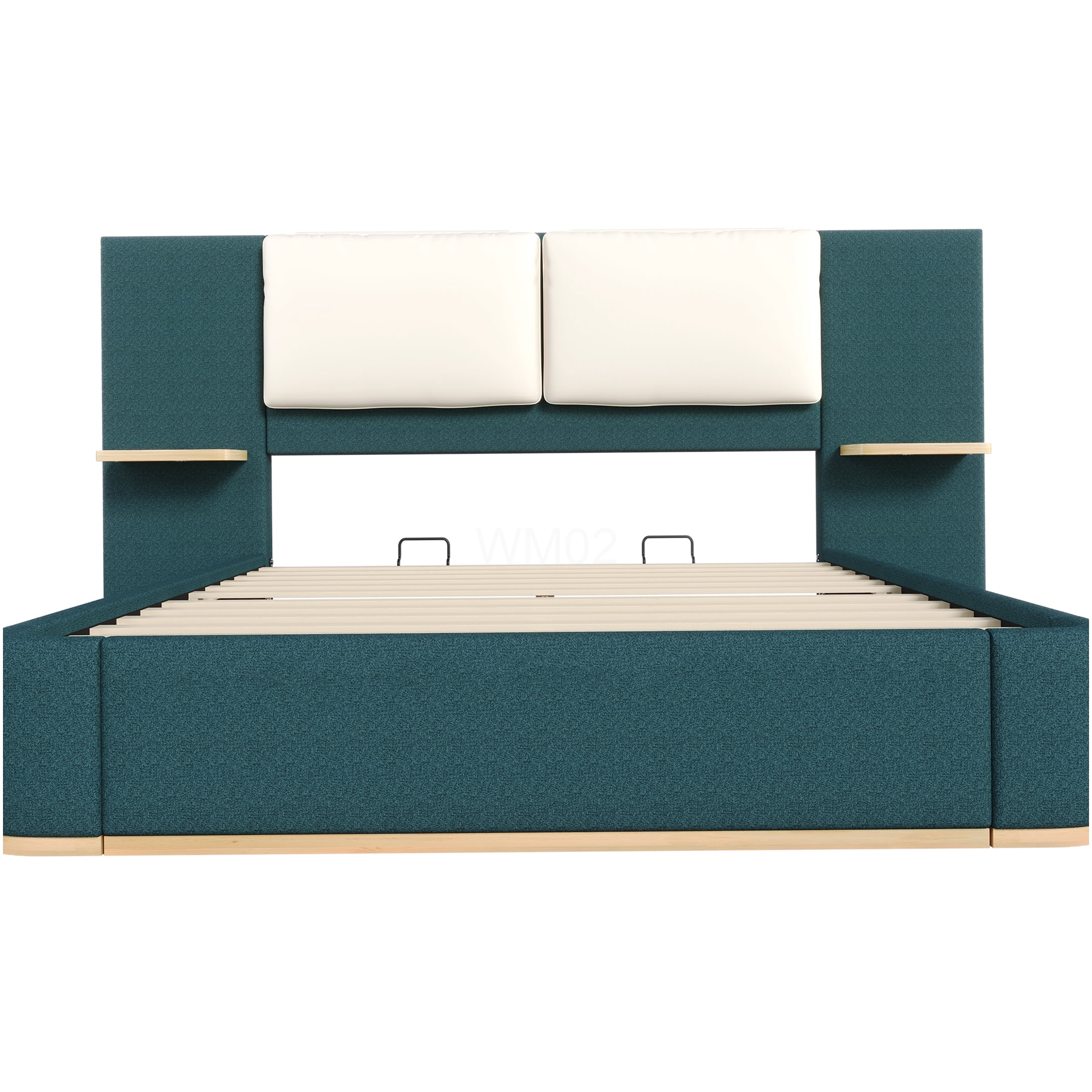 Green Upholstered Queen Bed Frame with Storage Shelves and Headboard