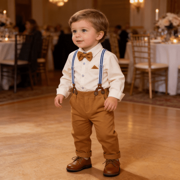 4Pcs Formal Gentleman Outfit for Toddler Baby Boys, Including a Dress Shirt, Bowtie, Suspender And Pants, Size 1-5 Years