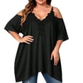 thumbnail image 2 of IUYRTFE Women's Cold Shoulder Lace Trim V Neck Top Short Sleeve Loose Fit Summer Casual Blouse Plus Size, 2 of 5