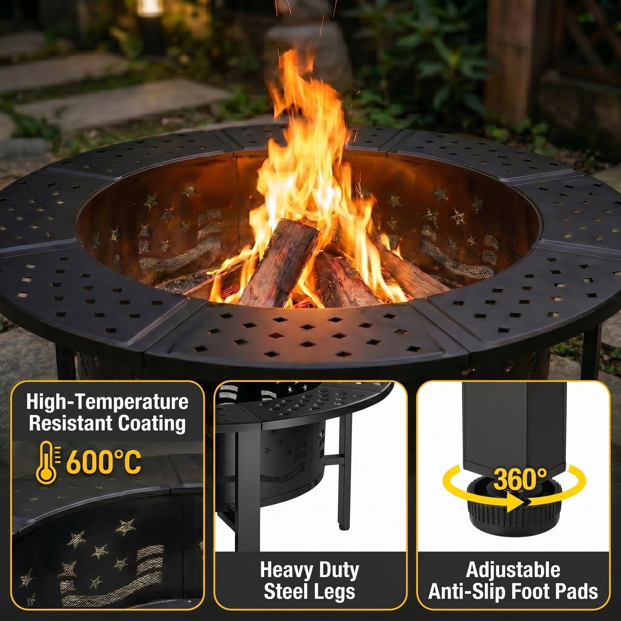 TrumanPick Fire Pit for Outside 42" Wood Burning Fire Pit Tables with 2 Adjustable Swivel BBQ Grills, Lid, Poker for Patio Backyard BBQ Ice Storage