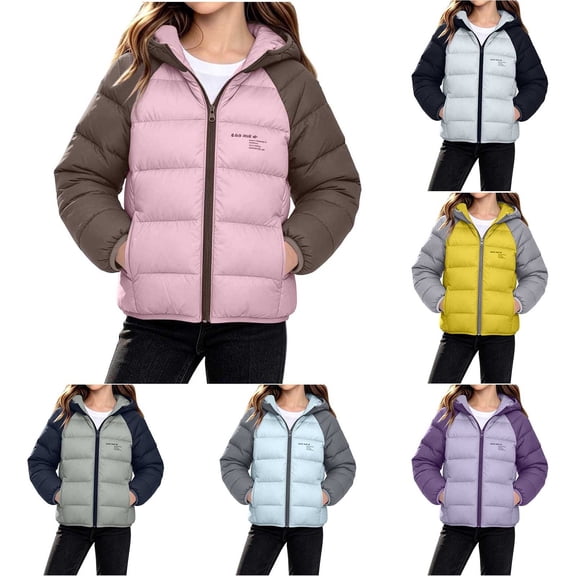 Zynoxe Puffer Jackets for Girls Winter Color Block Windproof Zip Up Long Sleeve Hoodies Casual Warm Quilted Padded Coat with Pockets