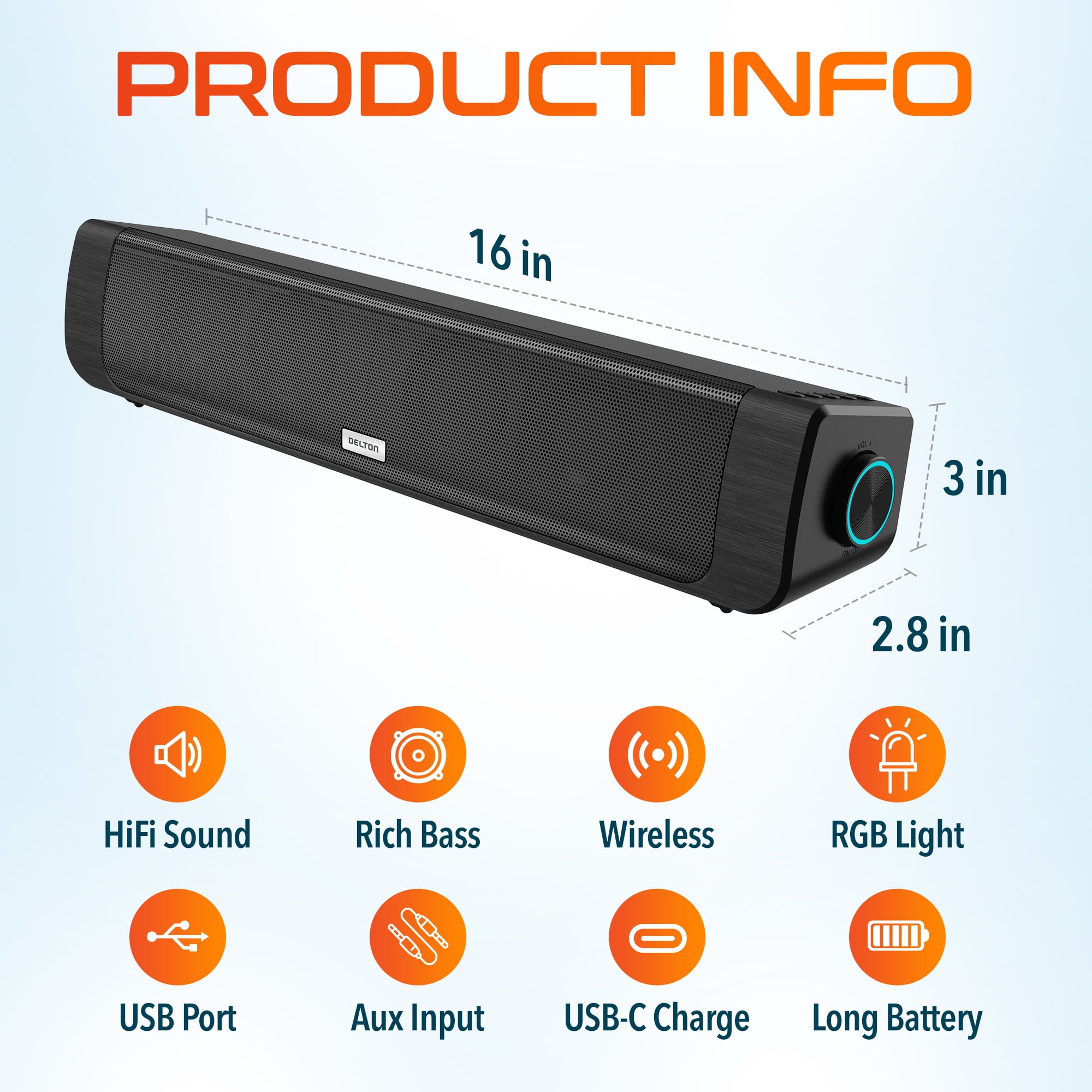 Delton SB200 20W Bluetooth Soundbar, Dual-Powered Hi-Fi Stereo Computer Speakers with Rich Bass, 10Hrs Playtime, 30ft Bluetooth Range, Aux Connection Perfect for Windows, PC, Laptops, Phones - Black