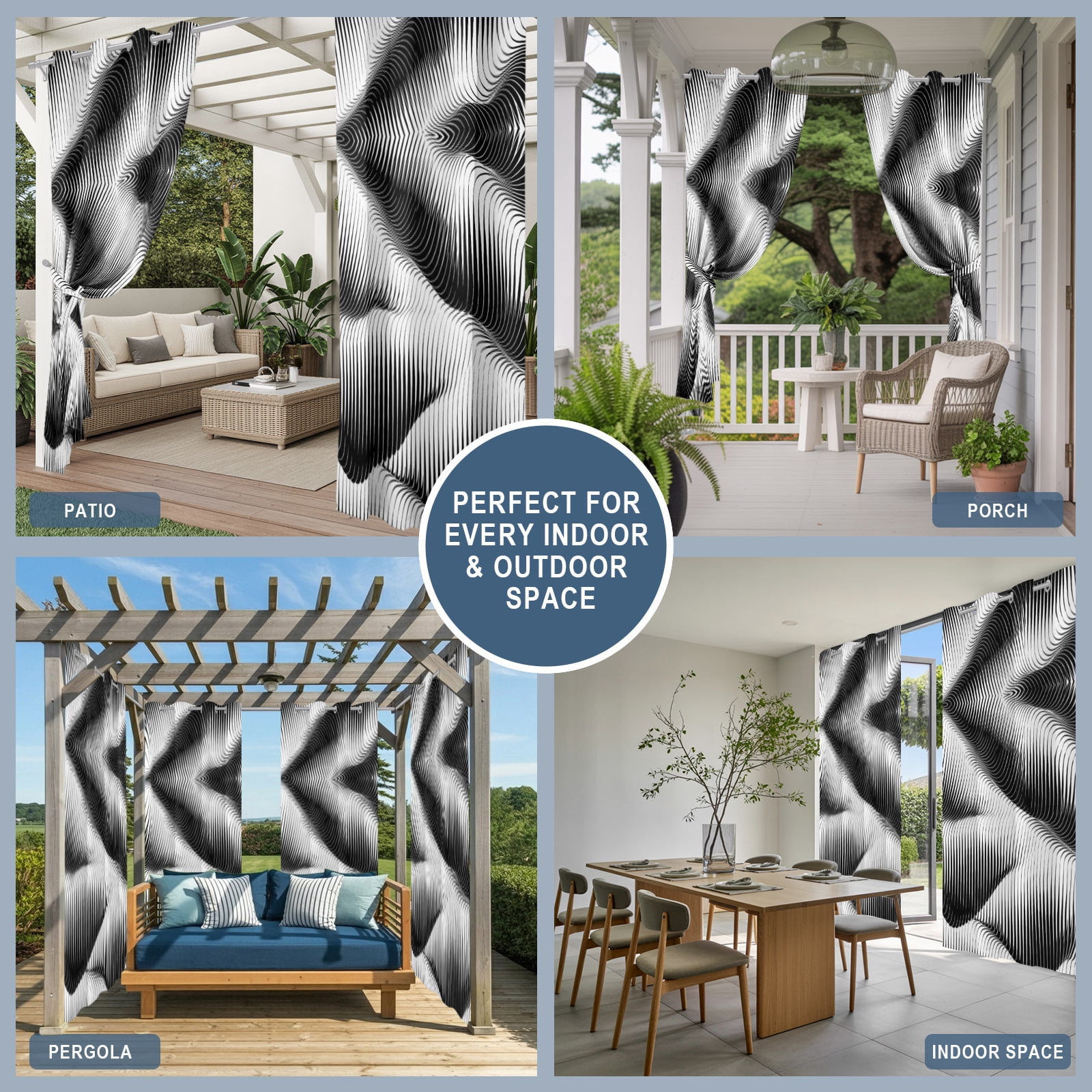 Abstract Hills Outdoor Curtains for Patio, Geometric Modern Curves Black White Sunshade Privacy Drapes Grommet Waterproof Outside Curtains for Porch/Cabana/Balcony 54"x 108", 1 Panel